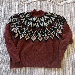 a.n.a Maroon and Black Patterned Ribbed Turtleneck Sweater